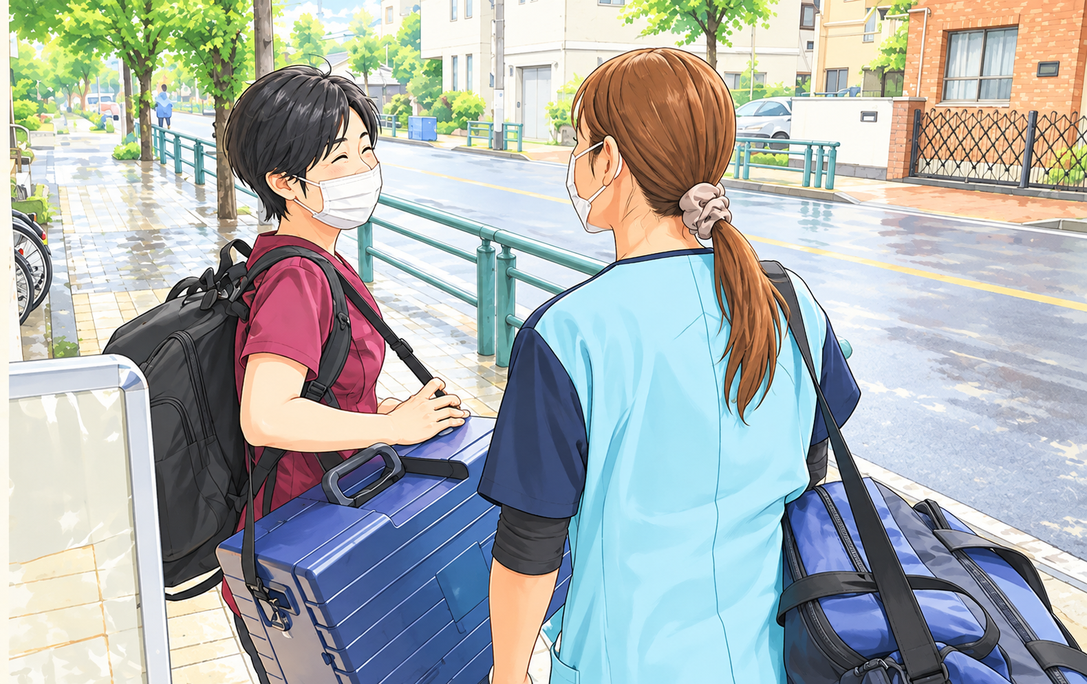 訪問診療の機材を持つ歯科スタッフのイラスト